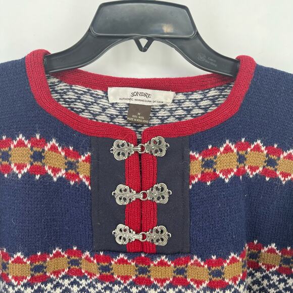 Sondre Nordic Wool Fair Isle Sweater Mens Size Medium Metal Clasp Closure - Picture 2 of 6